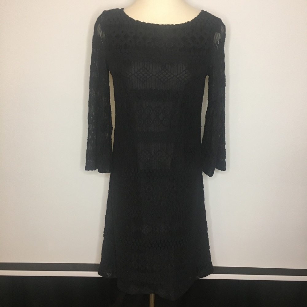 SHARAGANO Black Pattern A-Line Lined Mid-Sleeve Dress 4